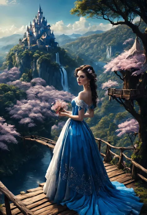 premiado, arte conceitual, belas artes, epic fantasy digital art, bird view，cinematic lighting, Vista descendente，plano super amplo，Viewing angle from afar，profundidade de campos，beautiful young lady (Branca de Neve ), (27 anos), ((((corpo inteiro)))), (((...