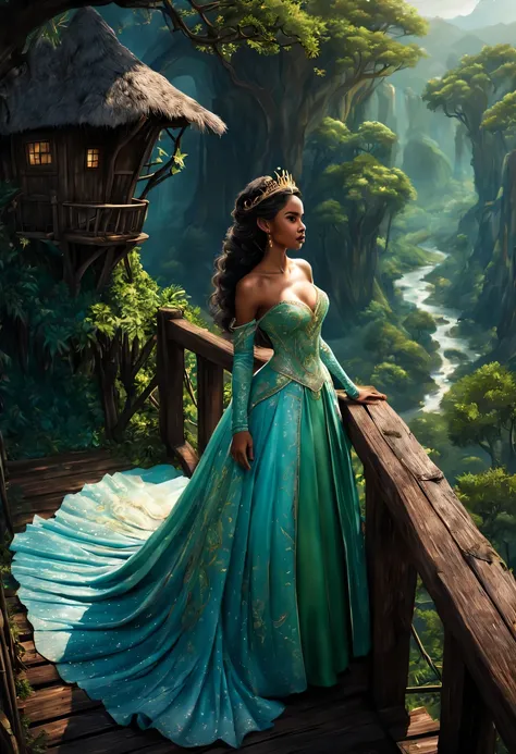 premiado, arte conceitual, belas artes, epic fantasy digital art, bird view，cinematic lighting, Vista descendente，plano super amplo，Viewing angle from afar，profundidade de campos，beautiful young lady (Princesa Tiana "princesa e o sapo" ), (27 anos), ((((co...