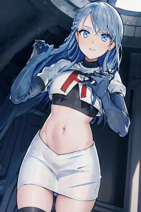 (best quality:1.1),(masterpiece:1.1),(illustration:1.1),(official art:1.1), 
1girl, solo focus, blue_hair, long hair, blue eyes, team rocket,team rocket uniform, red letter R, white skirt,white crop top,black thigh-highs,black elbow gloves,
(suzuna:1.2), 