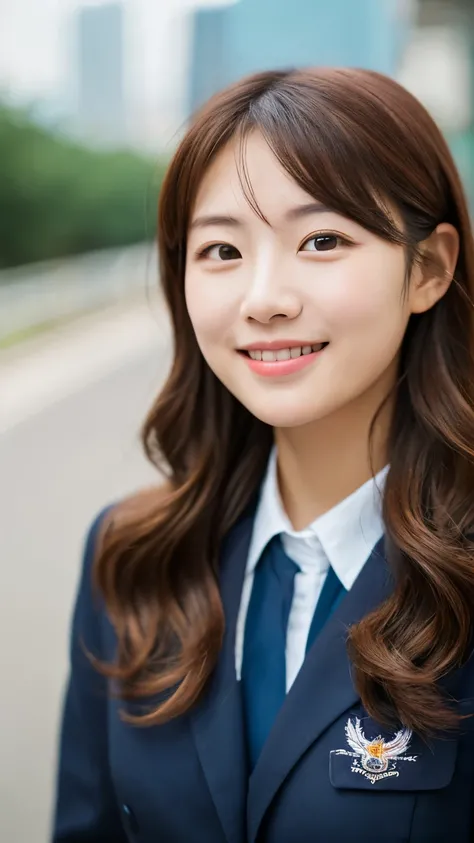 UHD, Extreme close-up of cute Korean female,Chest size 32 inches, wavy hair, slightly smile, wearing navy blue police uniform, standing on the road, bokeh background 