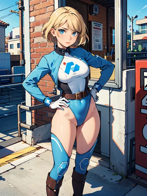 (((pixel-perfect, detail-perfect))), 1girl, medium breasts, (leotard, highleg leotard, light blue leotard), (lighting bolt emblem on chest), bare legs, (tight belt), boots, matching boots, gloves, city backdrop, solo, single, hands on hip, standing, full b...