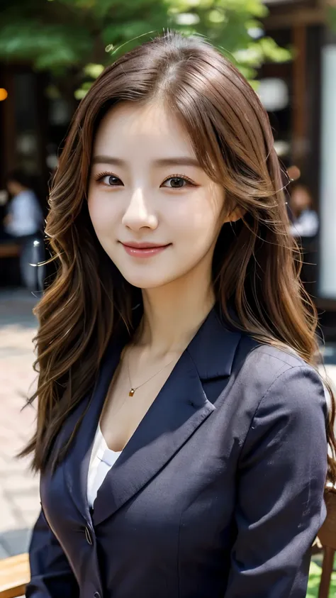 uhd, extreme close-up of cute korean female,chest size 32 inches, wavy hair, slightly smile, wearing office suit uniform, standi...