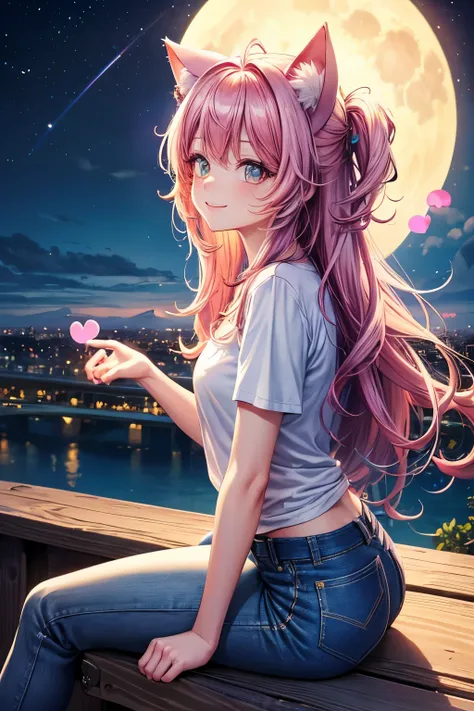 Top quality, high resolution, perfect human body structure, from side, rainbow hair, glowing hair, cat ears, background with flowers, moon, sitting, colorful, pastel colors, cityscape, heart shaped pupils , wavy hair, shiny hair, smiling, on a cliff, t-shi...