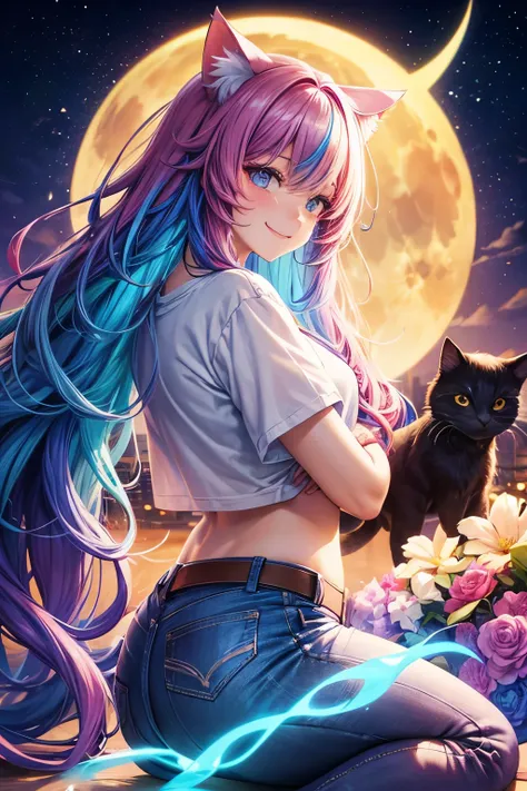 Top quality, high resolution, perfect human body structure, from side, rainbow hair, glowing hair, cat ears, background with flowers, moon, colorful, pastel colors, cityscape, fetal position , heart shaped pupils, wavy hair, shiny hair, smiling, cliff top,...