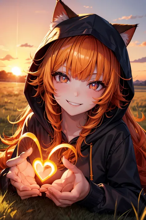 Top quality, high resolution, perfect human body structure, lying, grass, orange hair, glowing hair, cat ears, heart shaped pupils , blunt bangs, wavy hair, shiny hair, evil smile, gradient eyes, hoodie, sunset, sunset,