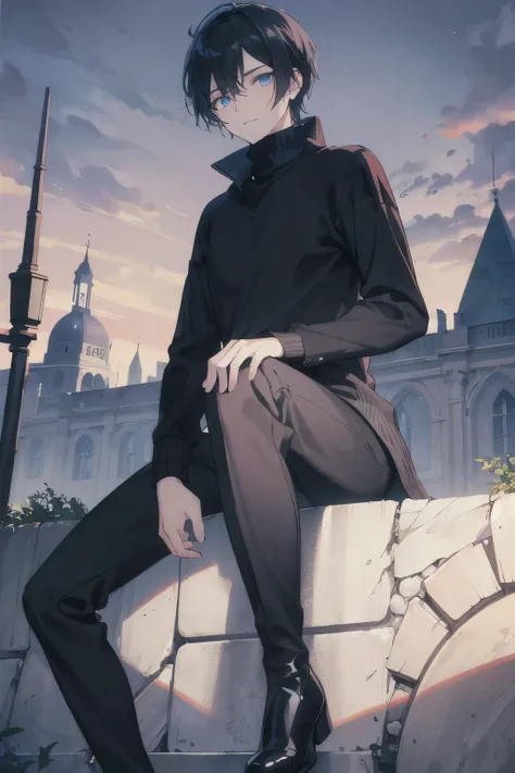 male　black hair　blue eyes　sweater　Check slacks　vest　Knee-high boots　despise　Castle　stage　flower bed　Walk through the castle town　masterpiece　Highest image quality　noise removal　clear parts 　cinematic shadow　Increased attractiveness of the eyes　clear parts ...