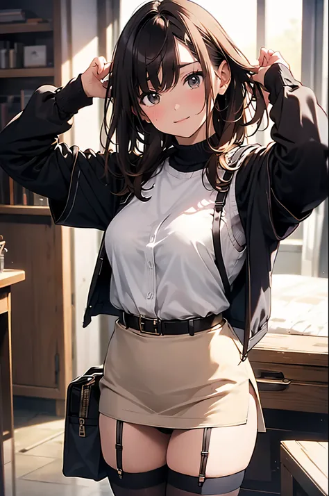 brown hair、looking at the viewer　　suspenders　　　Bulging big breasts　　 　 　　　　Black miniskirt　garter belt　knee high socks　　　　　　Gaze　　　small face　bangs 　　　　　Beauty　　hands up　　 　Gaze 　black boots 　provocation　　armpit sweat　one person 　　put your hands behind you...