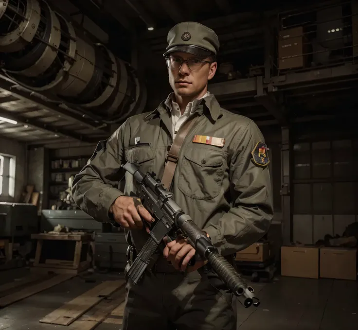 ingeniero masculino, cara alemana madura, gafas opticas, pelo corto estilo militar, gorro de trabajo de tela gris, Uniforme de trabajo, WWII German style gray cloth jumpsuit, guantes de cuero negro, Tool belt, sostiene una ametralladora, esta en un hangar ...