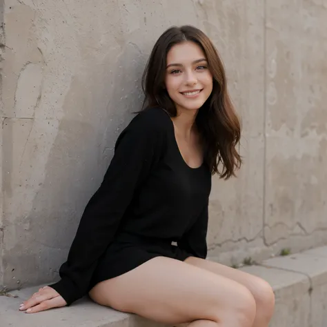 beautiful brunette girl smiling cute wearing cute black outfit looking sexy modeling leaning on a wall on street in california, blurry background