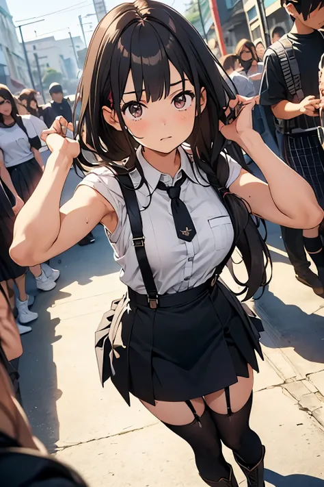 brown hair、looking at the viewer　　suspenders　　　Bulging big breasts　　 　 　　　　Black miniskirt　garter belt　knee high socks　　　　　　Gaze　　　small face　bangs 　　　　　Beauty　　hands up　　 　Gaze 　black boots 　provocation　　armpit sweat　one person 　　put your hands behind you...