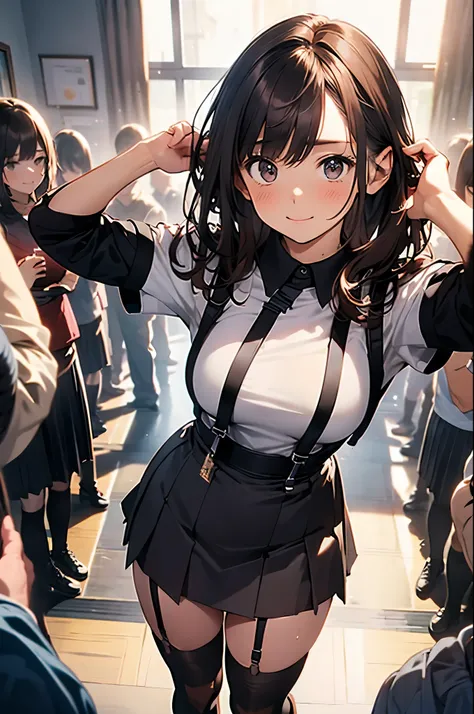 brown hair、looking at the viewer　　suspenders　　　Bulging big breasts　　 　 　　　　Black miniskirt　garter belt　knee high socks　　　　　　Gaze　　　small face　bangs 　　　　　Beauty　　hands up　　 　Gaze 　black boots 　provocation　　armpit sweat　one person 　　put your hands behind you...