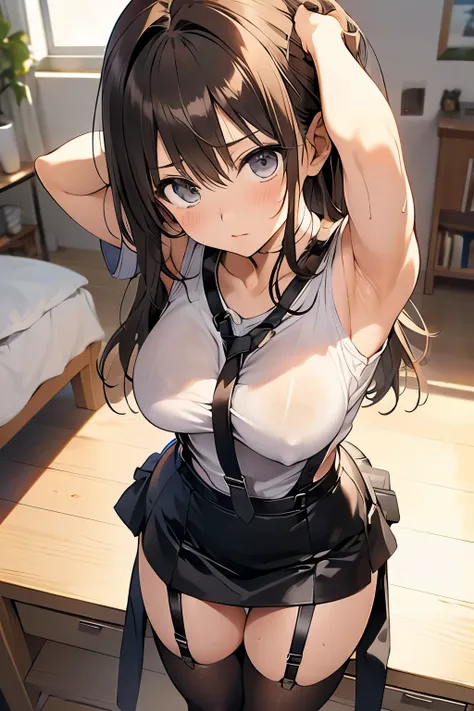 brown hair、looking at the viewer　　suspenders　　　Bulging big breasts　　 　 　　　　Black miniskirt　garter belt　knee high socks　　　　　　Gaze　　　small face　bangs 　　　　　Beauty　　hands up　　 　Gaze 　black boots 　provocation　　armpit sweat　one person 　　put your hands behind you...