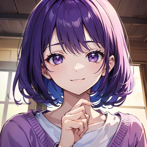 (T Masterpiece，4k wallpaper，best quality))、((girl１people))、(solo)、Brilliant，(purple hair)、(shortcut:1.3)、smile、close up of face、morning、sweater、room