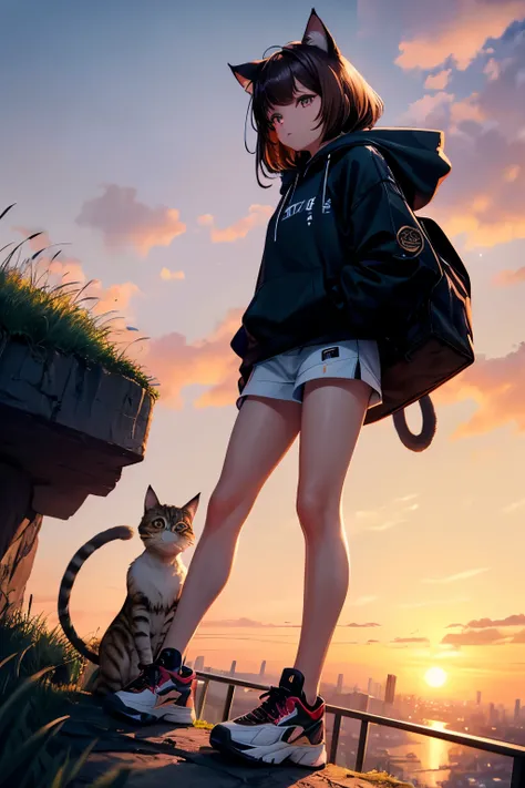 Best Quality, High Definition, Perfect Human Structure, Focus On Background, Glowing Hair, Cat Ear, Brown Hair, Cinematic Angle, From Below, Bobbed Hair, Ceiling, Gradient Eyes, Sleek Bangs, On Cliff, Standing, Looking Down On City, Fight, Near Future, Nig...