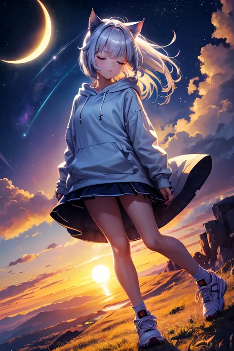 Top quality, high res, perfect human structure, from above, glowing hair, cat ears, silver hair, cinematic angle, bob hair, sleepy, on side, closed eyes, gradient eyes, flowing bangs, standing, meadow, shooting star, pastel colors, space, near future, nigh...