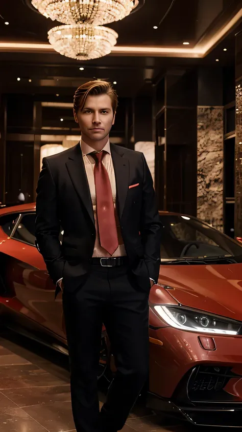 luxury,high-end feeling,A handsome rich man wearing casual clothes standing facing the camera with a red supercar behind him, tie and businessman hairstyle, successful person, illuminated by lights, gorgeous lobby background,film stock photograph,looking i...