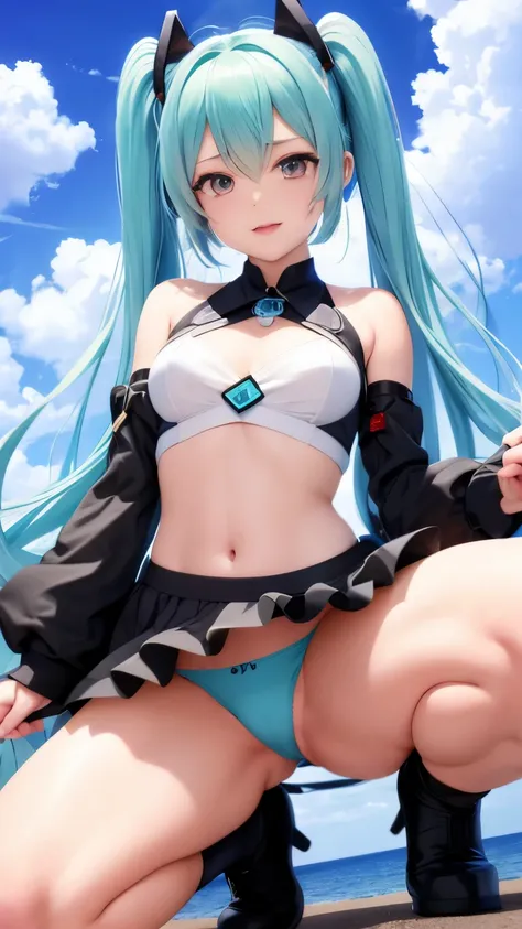 Hatsune Miku、Anime girl with long hair and a gun in her hand,Hatsune Miku、Squatting、Shimashima Pantiesがよく見える、spread legs、show panties,super mini skirt、緑と白のShimashima Panties、From miniskirt to c Kantai Collection style,Shimashima Panties、super mini skirt、 p...