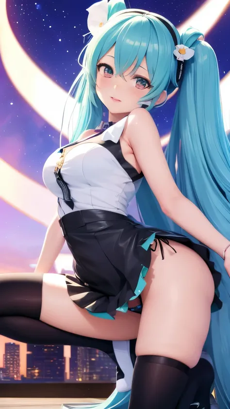 Hatsune Miku、Anime girl with long hair and a gun in her hand,Hatsune Miku、Squatting、Shimashima Pantiesがよく見える、spread legs、show panties,super mini skirt、緑と白のShimashima Panties、From miniskirt to c Kantai Collection style,Shimashima Panties、super mini skirt、 p...