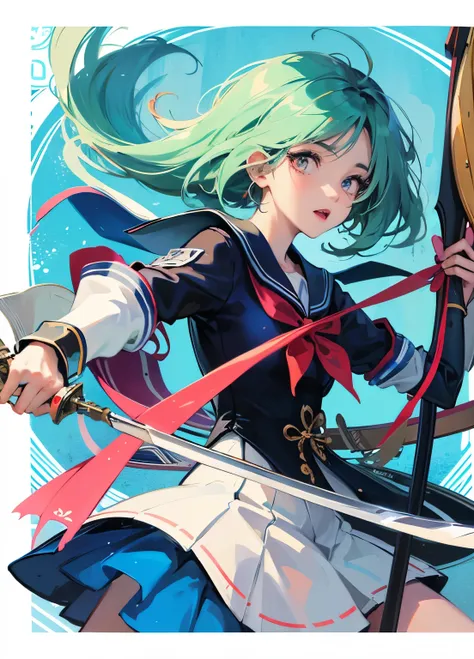 anime girl in sailor outfit with sword and sword in hand, anime goddess, female anime characters, (anime girl), anime girl with a bow and arrow, female action anime girl, anime characters, Fleet collection style, anime cover, seductive anime girl, Inspired...