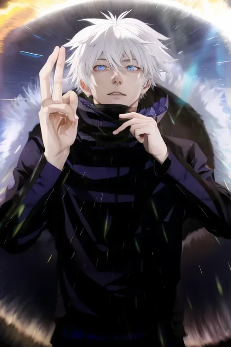 anime guy with white hair and blue eyes making a peace sign, nagito komaeda, with index finger, killua zoldyck, killua zoldyck b...