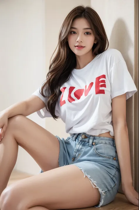 "LOVE YOU" written on t-shirt, Female in the crowded room, brown hair, huge cleavage, Best quality, masterpiece, ultra high res, wearing a (((white t-shirt that says "LOVE YOU"))) on it,, (photorealistic:1.4), young woman posing for a picture, perfect deta...