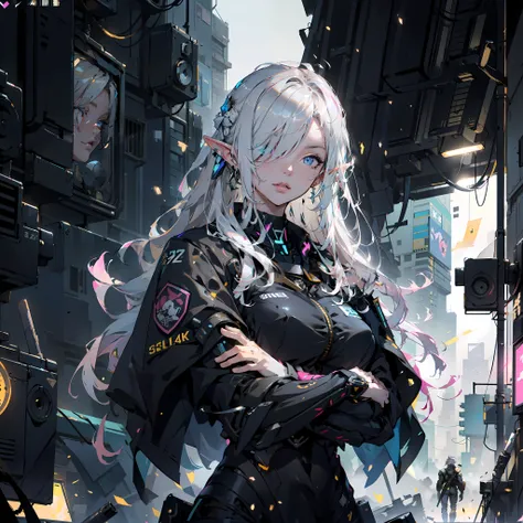 ((masterpiece)), (top quality), (best quality), ((ultra-detailed, 8k quality)), Aesthetics, Cinematic lighting, (detailed line art), absurdres, (best composition), (high-resolution),
BREAK,
Beauty of a elf girl, mecha girl, tech wear police organic cyborg,...