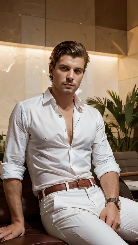 luxury,high-end feeling,An rich man wearing white shirt and casual pants, sitting on a beach lounger by the pool,Deluxe swimming pool, holding red wine in hand, tie and businessman hairstyle, successful person, indoors, illuminated by lights, gorgeous lobb...