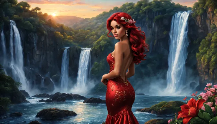 beautiful young lady (Ariel "A Pequena Sereia"), (27 anos), vestido longo Vermelho, de corpo inteiro, rocher, Very realistic waterfall, coucher du soleil, fleurs