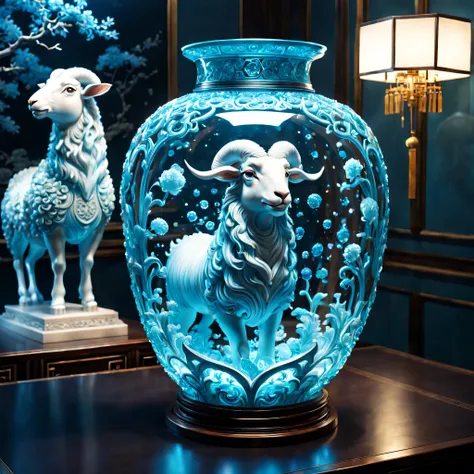 An oriental style vase is displayed in an empty room,There is a dragon sheep inside, RococoStyle, Crystal nuclei, Realistic light depiction, interesting and complex, light blue, hidden academia, World pattern,The body of the vase is illuminated by light, R...