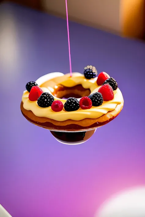 A flying donut with halved melted chocolate and floating berries suspends in mid-air against the backdrop of a zero-gravity dining room. The chocolate donut, rich and inviting, glistens with highly realistic and highly detailed glossy surfaces, reflecting ...