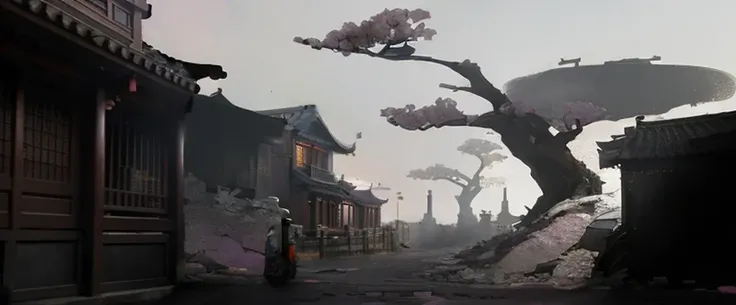 surreal colors, stunning sky，street，concept art，highly rendered，Environmental design inspiration comes from senior environmental artists，peach blossom，alley，detailed textures and lighting，highly rendered，Chinese architecture，Scene concept design，Wooden hou...