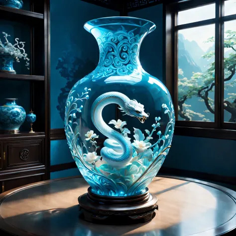 An oriental style vase is displayed in an empty room,There&#39;snake inside, RococoStyle, Crystal nuclei, Realistic light depiction, interesting and complex, light blue, hidden academia, World pattern,The body of the vase is illuminated by light, RococoSty...