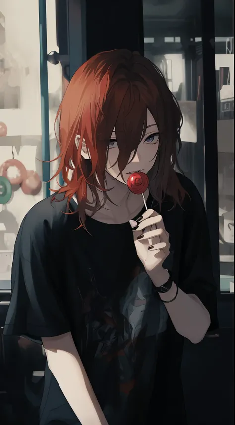 ((gray eyes)), closed mouth, beautiful eyes, Eyes like jewels, thick lips, Beautiful young man, red hair, shoulder length hair, slit eyes, lollipop, black casual clothes, monotone room,high quality, amount of drawing, pixiv illustration