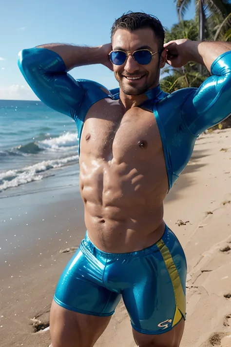 muscle austin aries smiling in shades, thick eyebrows, in tight shiny blue lycra running shorts, manspred on the beach. hands over head. low angle picture.