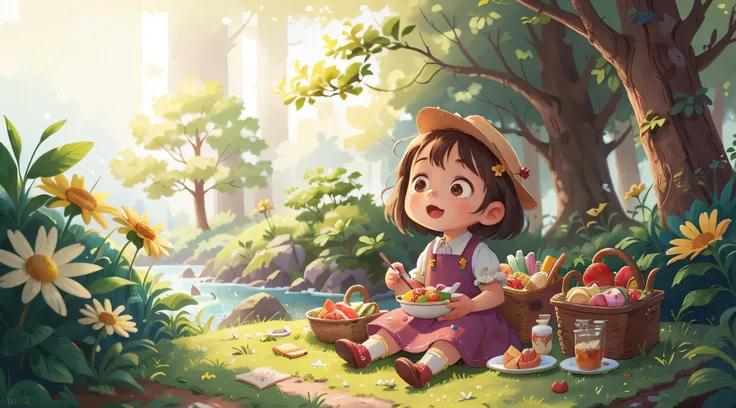 A little girl with a lot of good food in front of her, good food, picnic, sitting on the grass across the river, forest, happy, happy, perfect quality, clear focus (clutter - home: 0.8), (masterpiece: 1.2) (realistic: 1.2) (bokeh) (best quality) (detailed ...