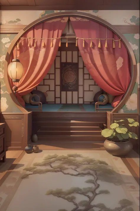 have a room，There is a bed and a carpet inside, Relaxation concept art, background art, interior background art, anime background art, art nouveau environment, , personal room background, 8k high quality detailed art, Beautiful rendering of the Tang Dynast...