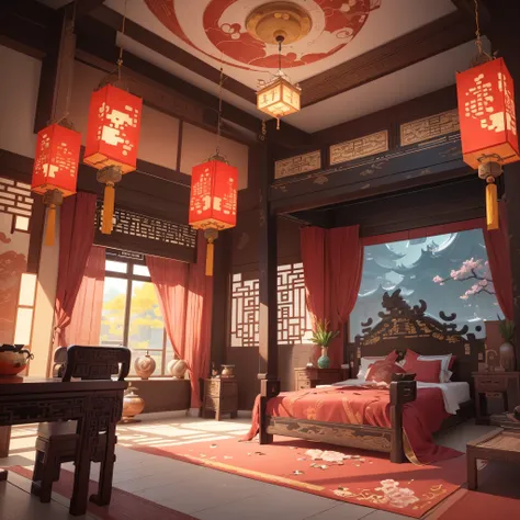 There is a room with a bed and a table and chairs, Beautiful rendering of the Tang Dynasty, g liulian art style, Cyberpunk Chinese Ancient Castle, Onmyoji Detailed Art, Popular topics on cgstation, bian lian, asian interior decoration, Unreal Engine ; roma...