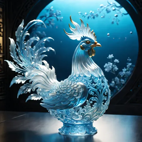 A dragon rooster is displayed in an empty room, RococoStyle, Crystal nuclei, Realistic light depiction, interesting and complex, light blue, hidden academia, World pattern,The body of the vase is illuminated by light, RococoStyle, futuristic elements, Crys...