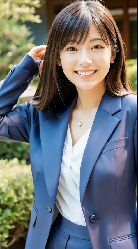 Japanese, woman as in advertisement, smiling, in suit, above chest.