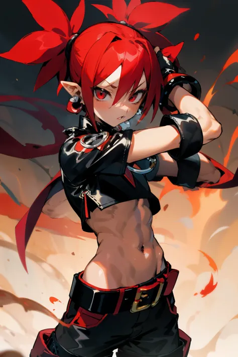 etna, red hair, red eyes, belt, black short pants, masterpiece, best quality, Various poses, Various backgrounds