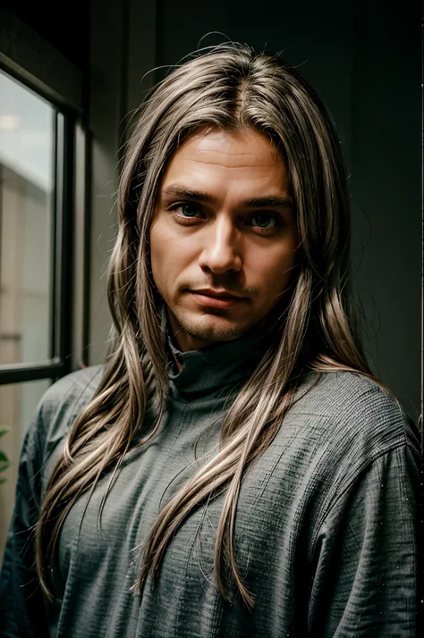 man between 30 and 40 years old, with long silver hair and opaque eyes, a height of between 1.70