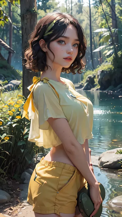 1 woman, face, (((1 woman:1.37, alone))), 20 years old, black hair, crying sound, right, With both hands, holding a daffodil, yellow flowers, white short sleeves, tee shirt, hot pants, beautiful face , cute face , active face,), (((Short hair, wavy hair.))...