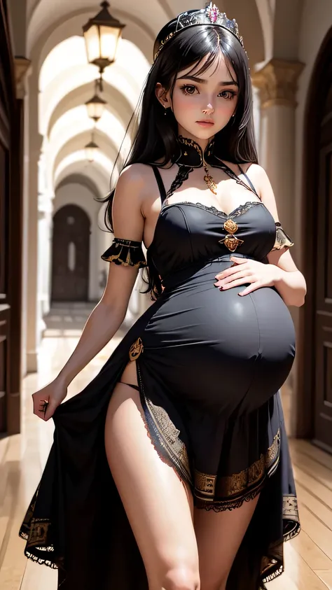 Girl 1, pregnant, black hair, 20 years old, 16th century Russia, Palace, sleeveless dresses, sexy, walking, surreal, intricate details, high resolution, --Automatic 