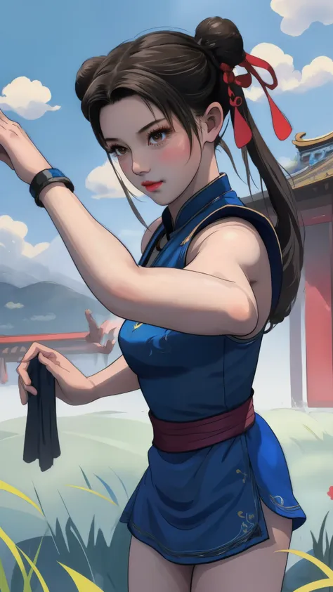 Paichang, Twin blades with blue ribbon, brown eyes, double bun,black hair, alone , Tai Chi stance, close,
Paiati,In a pink dress、, white panties、 No sleeve,
 blue sky, cloudy, evening, grassland, 
(Extremely detailed, beautiful detailed face, masterpiece, ...