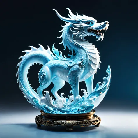 An oriental style vase is displayed in an empty room,There is a dragon dog inside, RococoStyle, Crystal nuclei, Realistic light depiction, interesting and complex, light blue, hidden academia, World pattern,The body of the vase is illuminated by light, Roc...