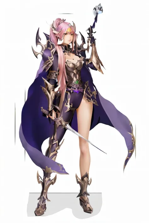 One wearing purple clothes、Close-up of woman holding sword, Charming elf princess knight, dark elf princess, shadow poetry style, Armor girl, 2. 5d cgi anime fantasy artwork, Shadowverse character concept, dark sorceress fullbody pose, official character a...