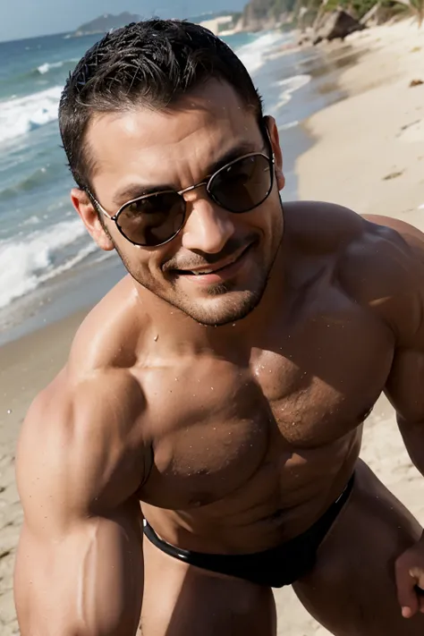 muscle austin aries smiling in shades, thick eyebrows, in tight shiny black speedos, manspred on the beach. hands over head. low angle picture