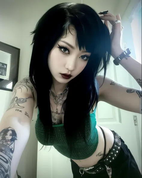 arafed woman with black hair and tattoos posing for a picture, very beautiful goth top model, goth girl, 1 7 - year - old goth g...