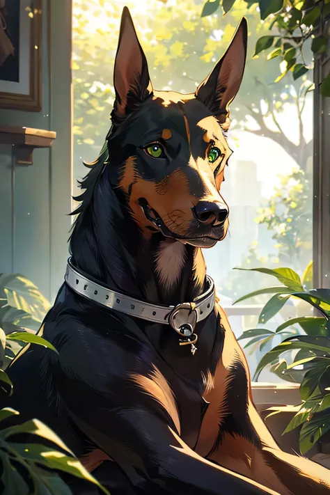 (High resolution, realistic, 4K, super detailed, masterpiece:1.2),1dog,doberman,green eyes