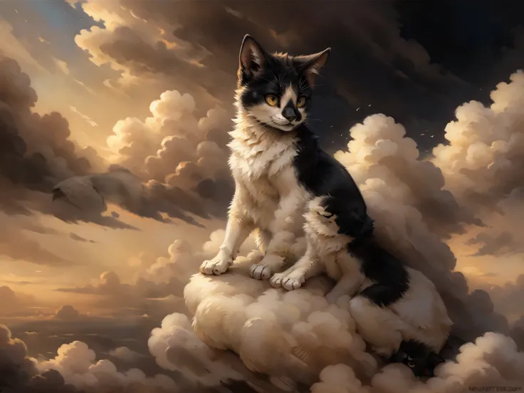 Solo, By kenket, Leo, a black and white cat, yellow eyes, feral, cute, sitting, on a cloud, floating in the sky, looking happy, content, in heaven